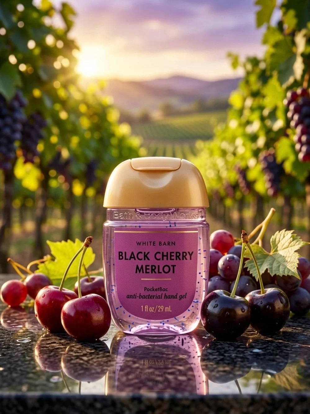White Barn Black Cherry Merlot Hand Gel — Purple with Gold Cap
